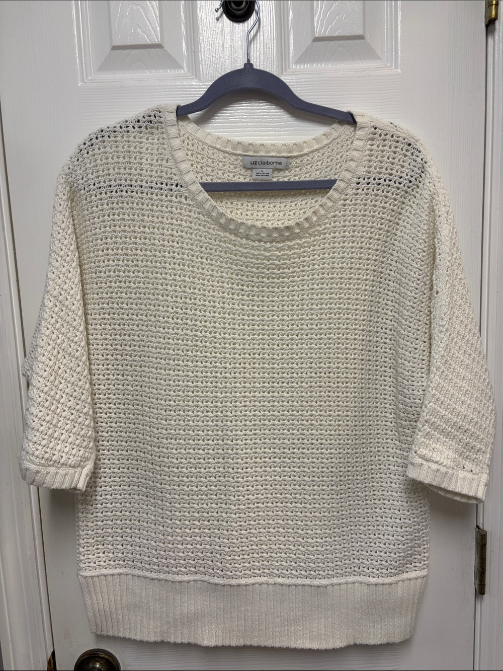 Liz Claiborne Cream Open-Weave Scoop Neck Sweater